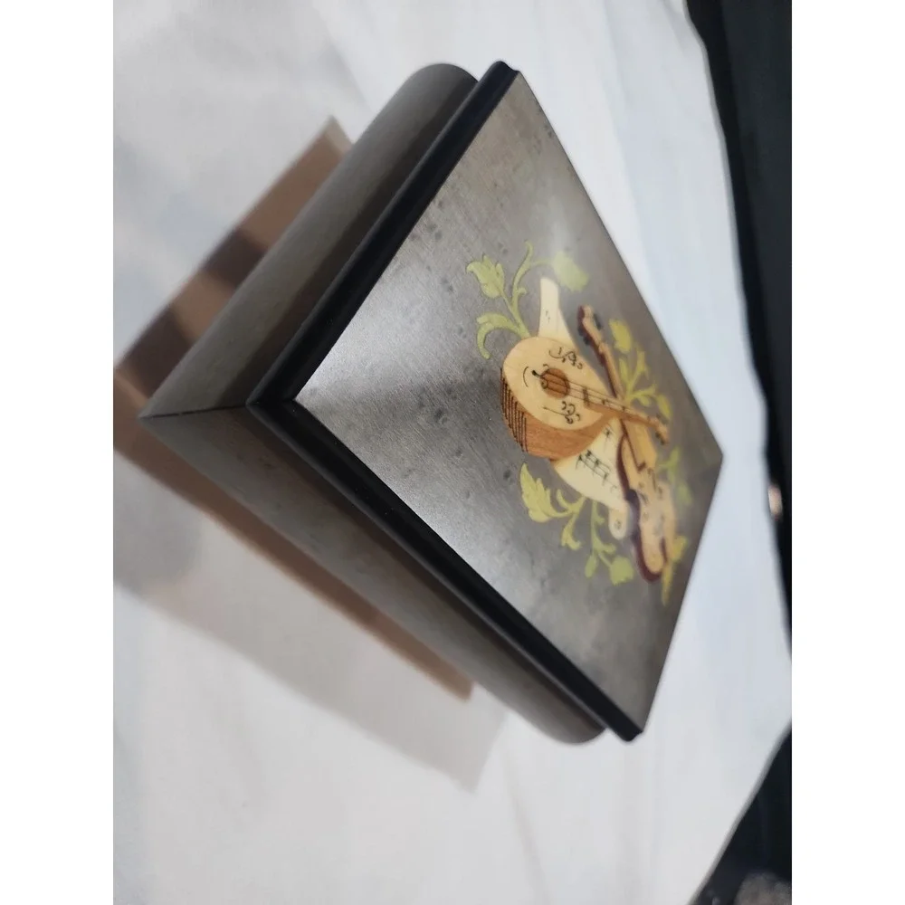 Vintage~Italian Music ~Jewelry Box~Wood Inlay~Mandolin Violin ~Pink Velvet Lined